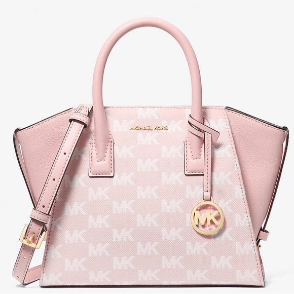 Michael Kors Avril Small Signature Logo Jacquard Satchel Bag Powder Blush - Picture 1 of 10